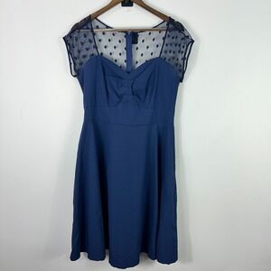 Torrid Dress 12 Navy Mesh Polka Dot‎ Fit Flare Retro Pinup Rockabilly Party